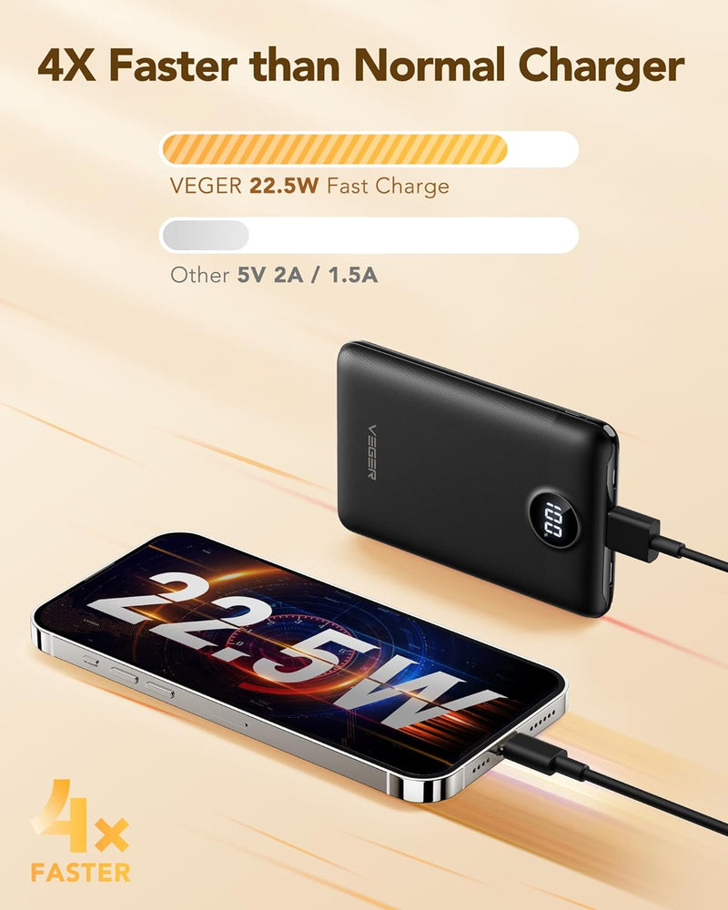 VEGER Power Bank Mini 22.5W, 10000mAh Powerbank Klein Aber Stark, Slim Leicht Externe Handyakkus USB