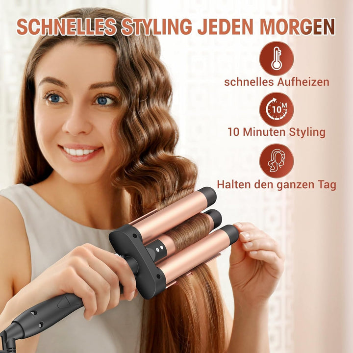 Lockenstab 3 Fässer, Beach Waves Welleneisen mit einstellbarer Temperatur, PTC Schnellheizung Schnel