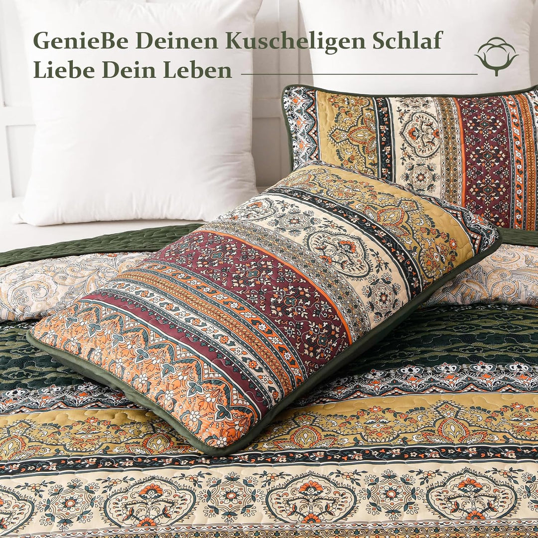 WONGS BEDDING Tagesdecke 220x240 Bettüberwurf Boho Decke Steppdecke 3 Teilig Doppelbett Gesteppt Bet