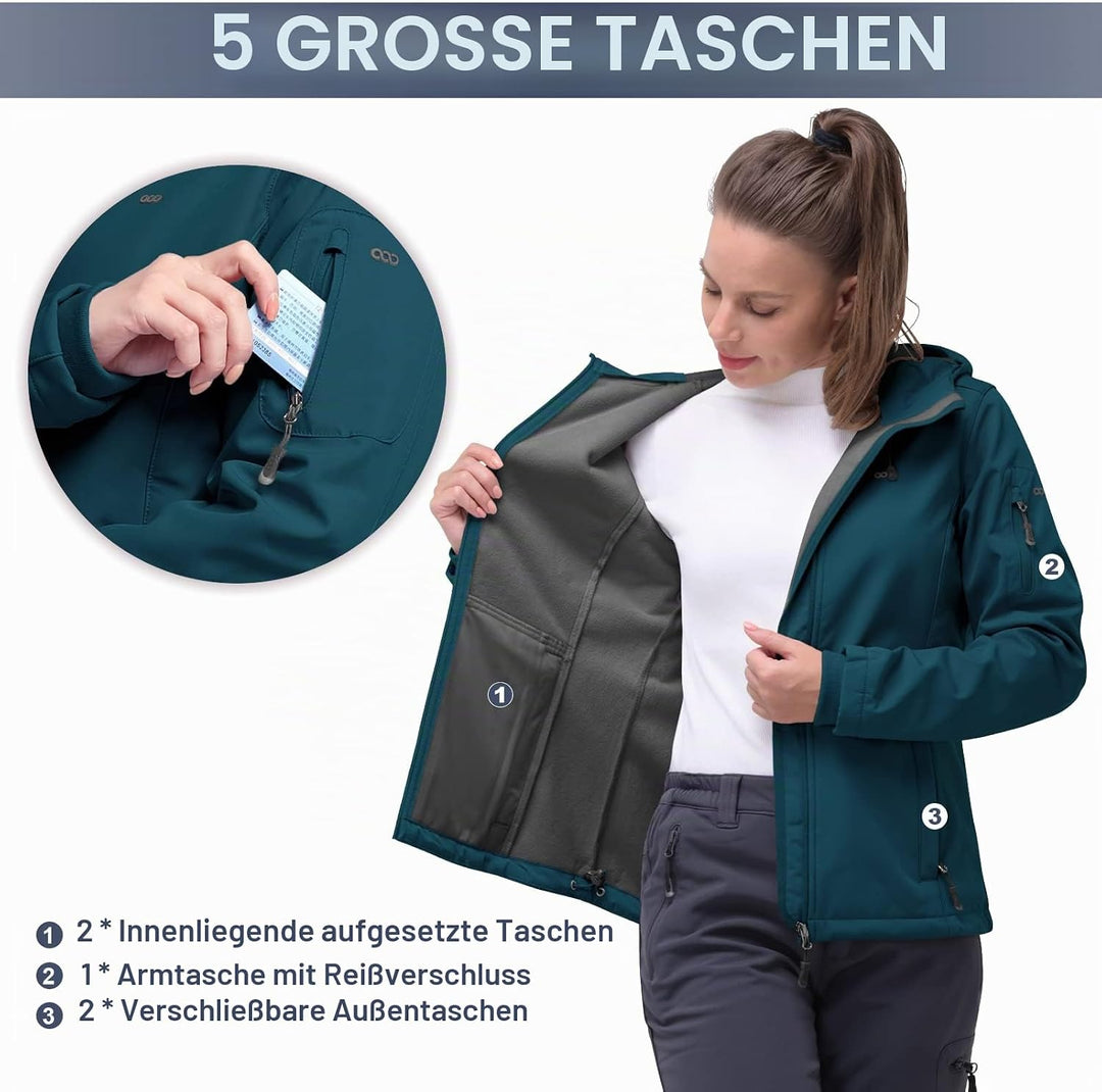 33,000ft Softshelljacke Damen Wasserdichte Atmungsaktive Warme Winterjacke Fleece Übergangsjacke Win