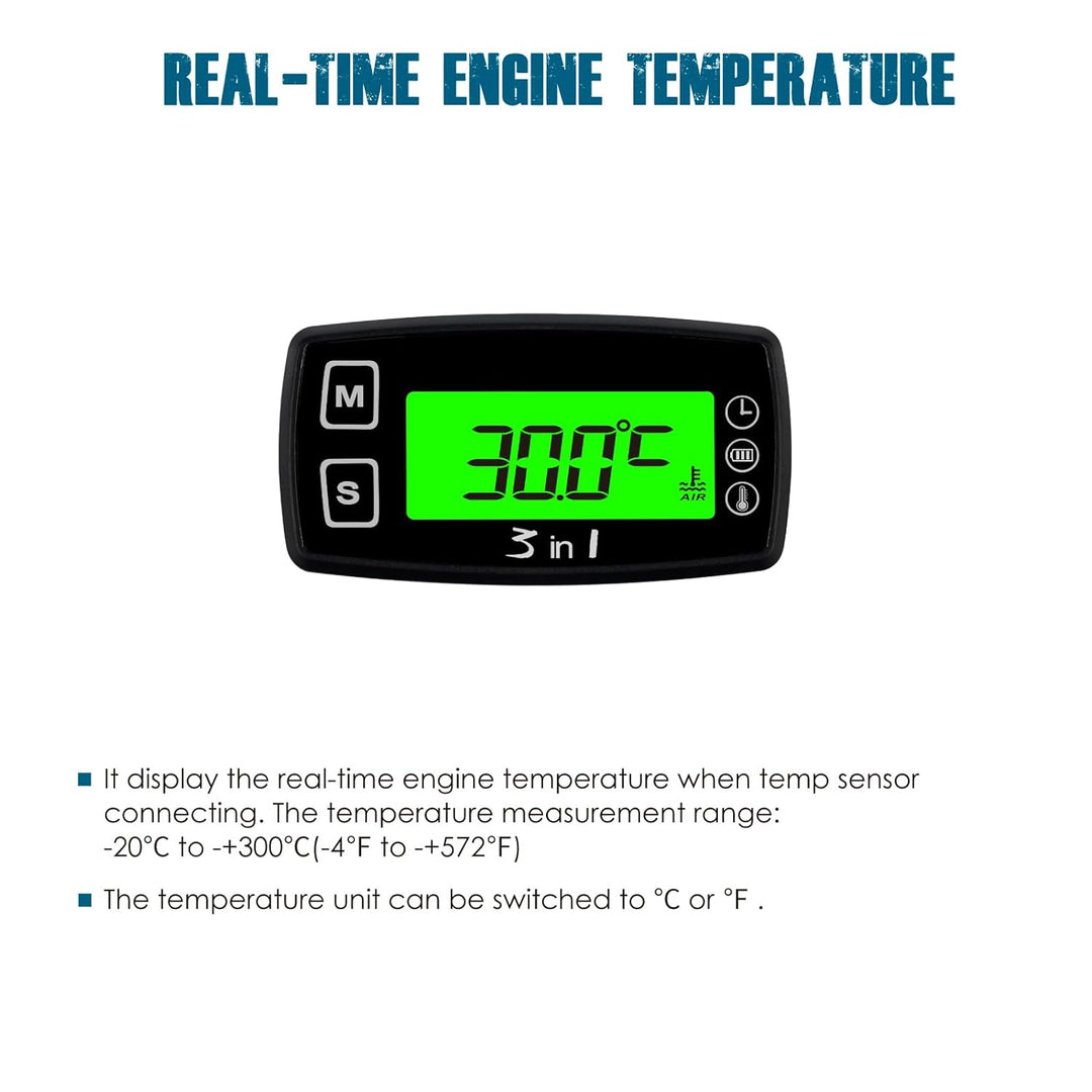 Runleader Digital LCD Motortemperaturanzeige Voltmeter, programmierbare Warnmeldung, Uhranzeige, Aus