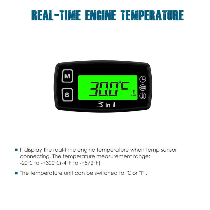 Runleader Digital LCD Motortemperaturanzeige Voltmeter, programmierbare Warnmeldung, Uhranzeige, Aus