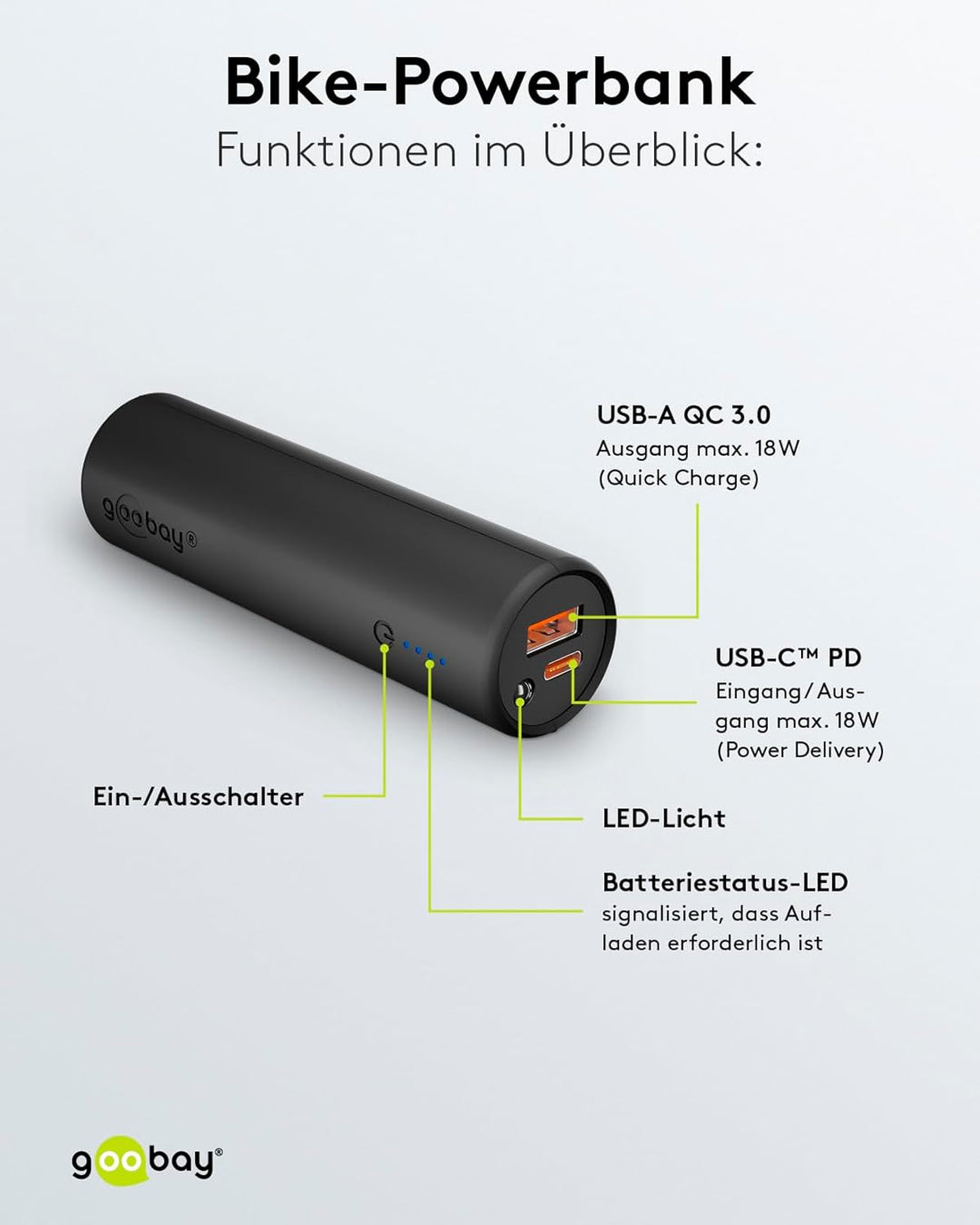 Goobay 60656 Bike Powerbank 5.0 5000 mAh inkl. verstärkter Halterung für Fahrradlenker/Powerbank für