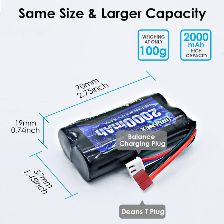 URGENEX 7.4 V Li-ion Battery 2000 mAh 2S Battery with Deans T Plug for RC Cars Boats Trucks with 1 t