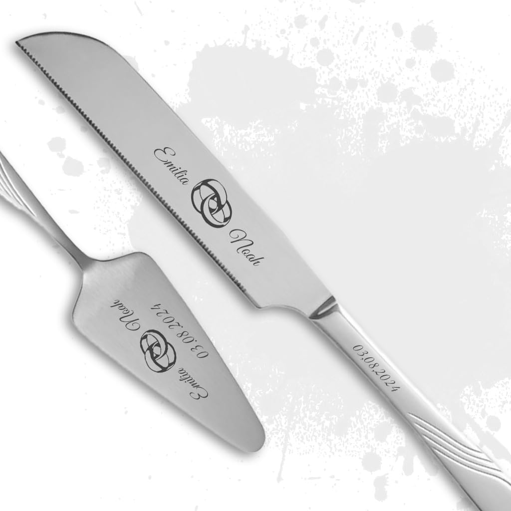Tortenmesser + Kuchenheber Set mit eigener Gravur/Hochzeit Motiv Trauringe Geschenk Brautpaar Torten