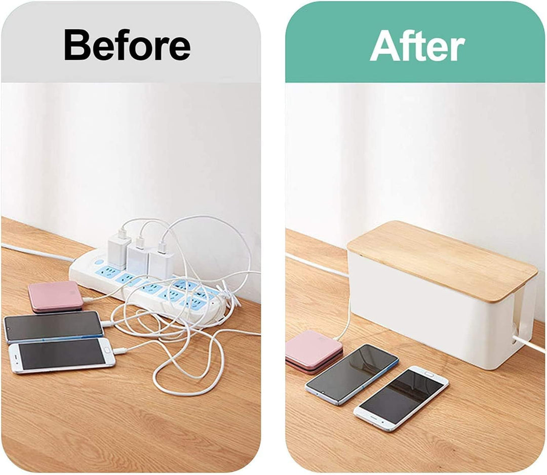 SENENQU 3er-Set Kabelbox Weiss, Grosse Kabel Organizer Box mit Holzdeckel für Kabel, Grosse und Klei