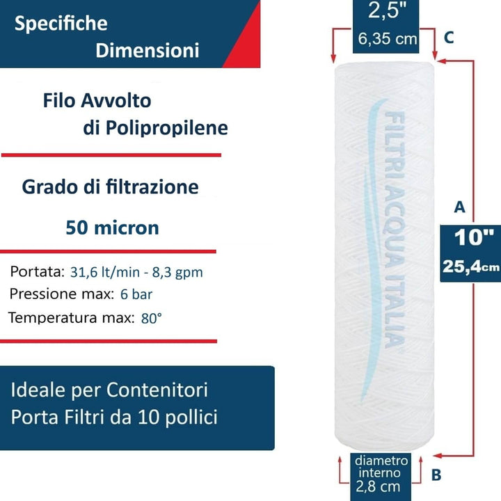 Filtri Acqua Italia Set mit 6 Filterkartuschen mit gewickeltem Draht, 10' 50 Mikron