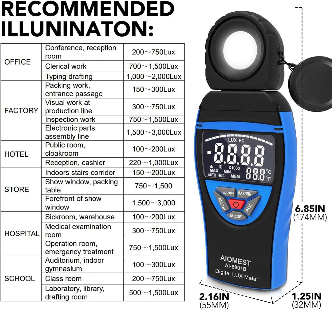 AIOMEST Digital Luxmeter Tragbare, Photometer Belichtungsmesser 0,1~400,000 Lux mit Daten halten, 27