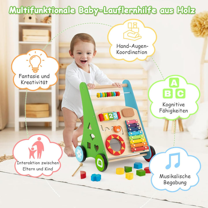 COSTWAY Baby Lauflernhilfe aus Holz, Lauflernwagen multifunktional mit glatten Griffe, Gummireifen &