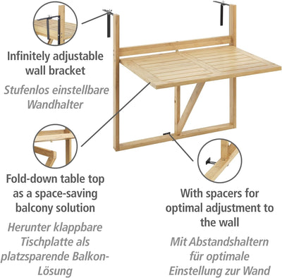 WENKO Bambus Balkon-Klapptisch Waikiki, Tisch zum Einhängen am Balkon-Geländer mit stufenlos einstel