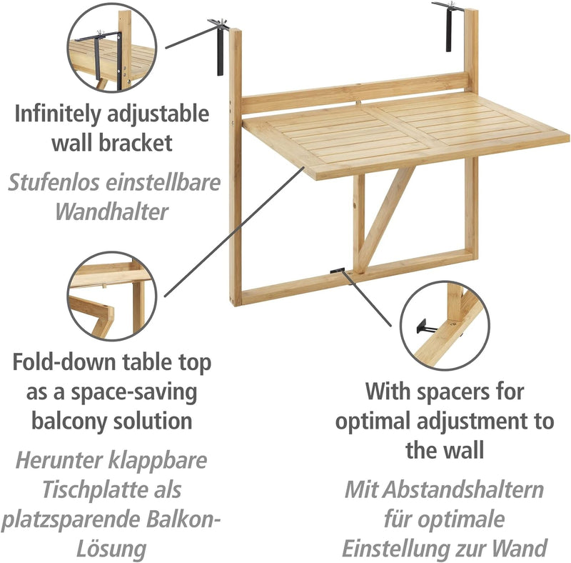 WENKO Bambus Balkon-Klapptisch Waikiki, Tisch zum Einhängen am Balkon-Geländer mit stufenlos einstel