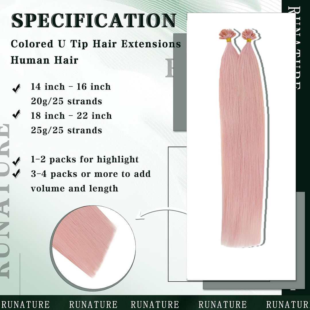 RUNATURE Bonding Extensions Echthaar Rosa 40cm Menschliches Haar Extensions Echthaar Bondings Rosa U