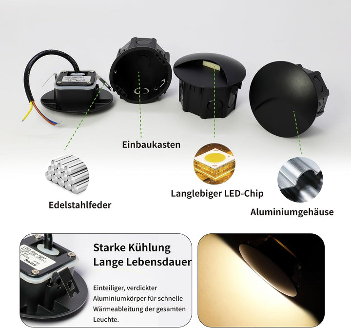 4Stk. LED Einbauleuchte für Treppenleuchte 3W, IP65 Wasserdichte Treppenbeleuchtung Treppen Licht St