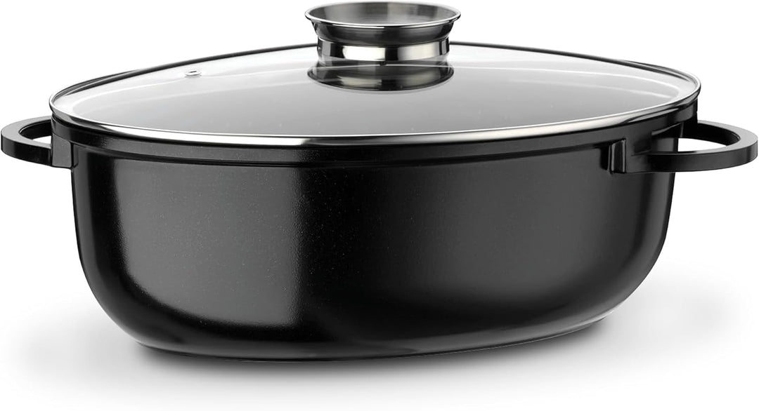 GSW 410588 Gourmet Ceramica Induktion Bräter XXL oval mit Aroma-Glasdeckel 10 L, Aluguss, schwarz ge