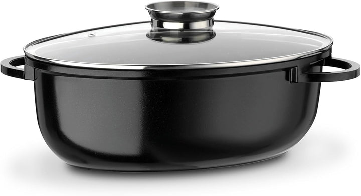 GSW 410588 Gourmet Ceramica Induktion Bräter XXL oval mit Aroma-Glasdeckel 10 L, Aluguss, schwarz ge