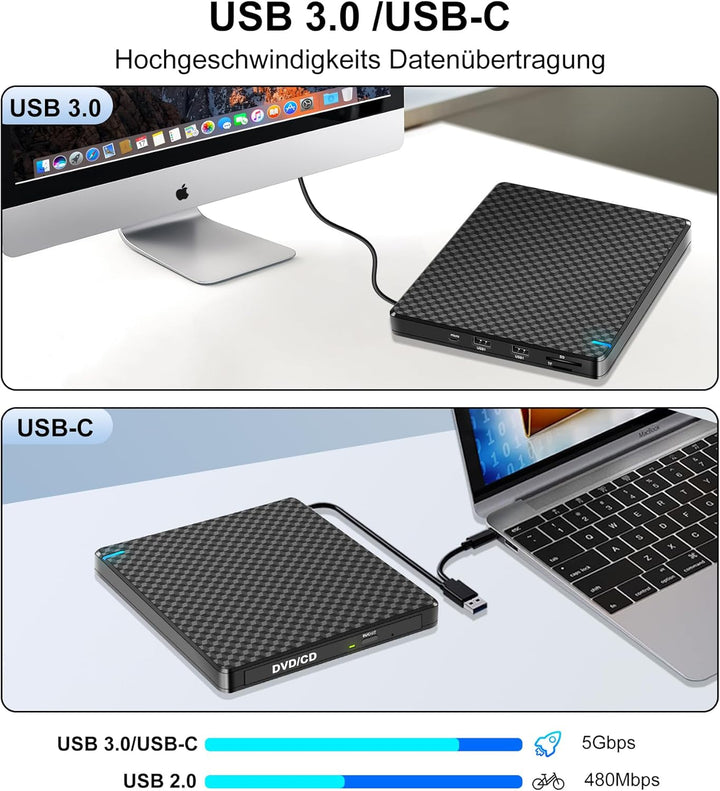 NOLYTH Externes DVD Laufwerk USB-C: CD Laufwerk Extern USB mit SD/TF Slot/2 USB Ports Plug & Play -