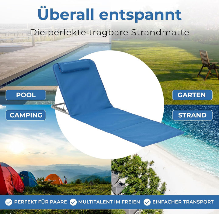 [en.casa] Strandmatte Donostia 2er Set Sonnenmatte klappbar Blau Strandliege mit Verstellbarer Rücke
