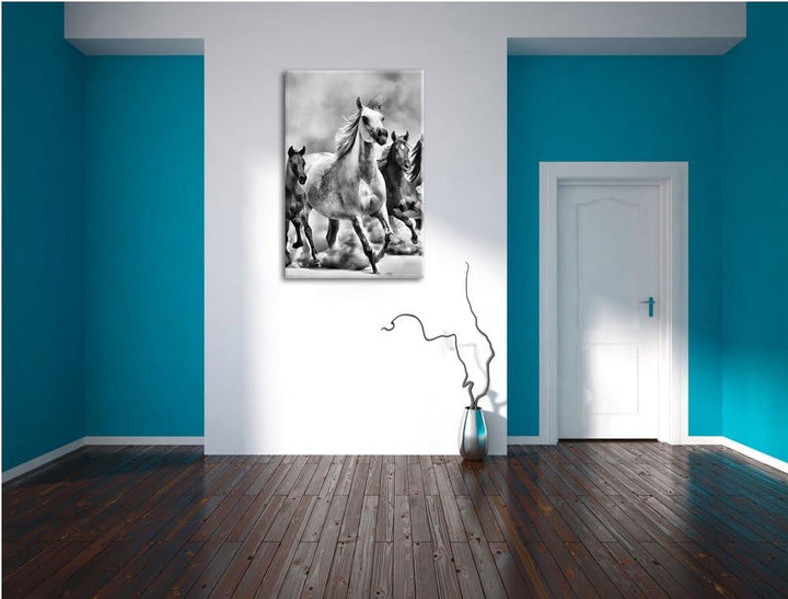 Pixxprint Monocrome, Western Pferde in Wüste mit Fohlen, Format: 100x70 auf Leinwand, XXL riesige Bi