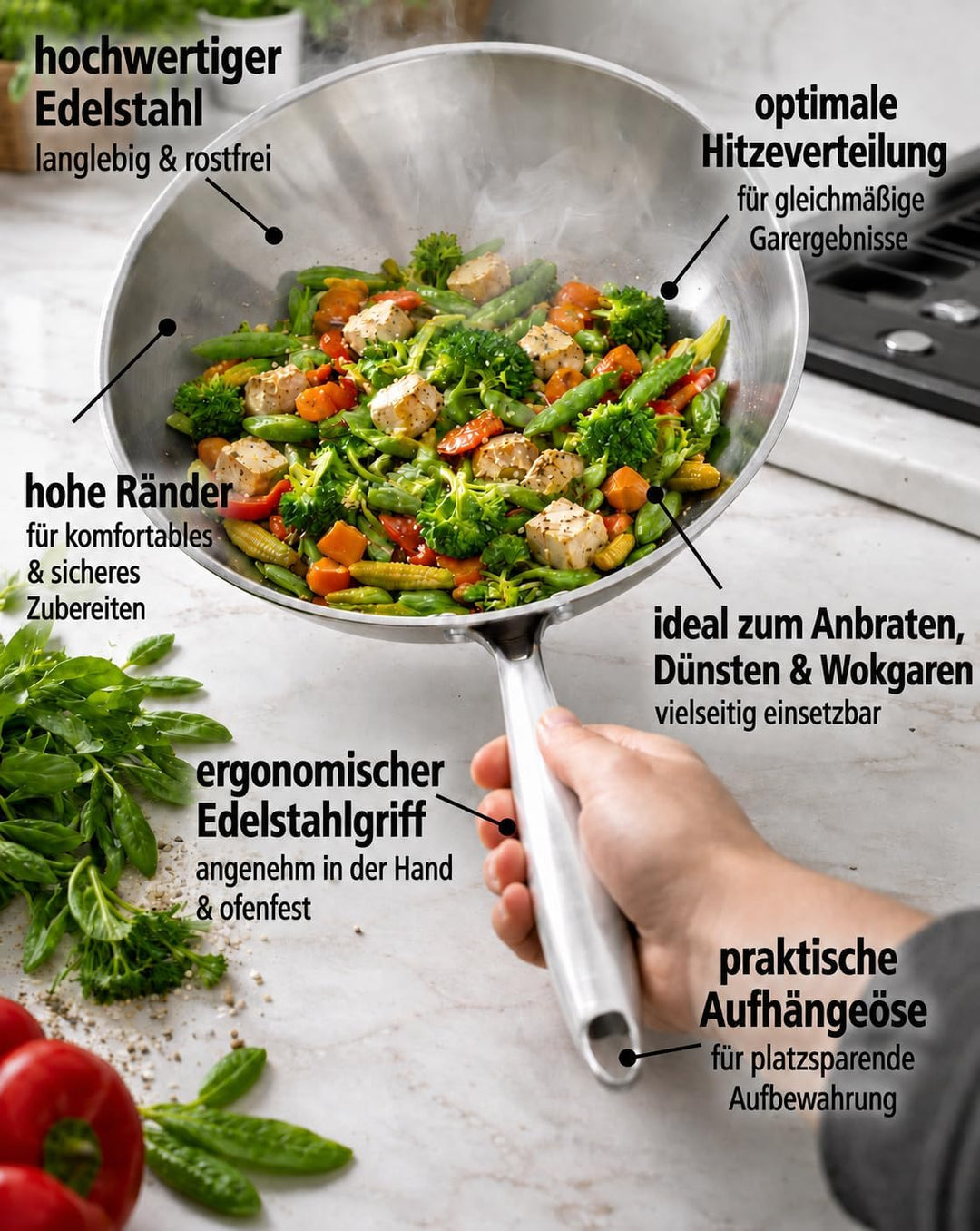 ⌀30 cm Wok Pfanne aus Edelstahl, unbeschichtet & langlebig, 3-lagiges Material für optimale Wärmever