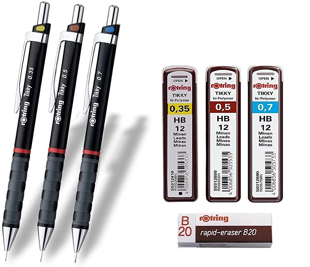 rOtring Tikky 3er Set mit Colourcode 0,35/0,5/0,7 mm (inkl. 3 Dosen Ersatzminen HB + Radierer B20)