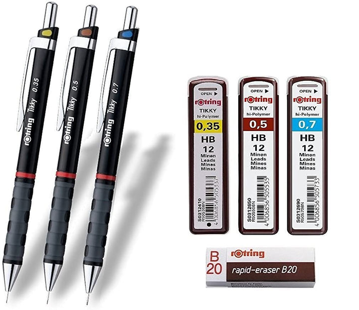 rOtring Tikky 3er Set mit Colourcode 0,35/0,5/0,7 mm (inkl. 3 Dosen Ersatzminen HB + Radierer B20)