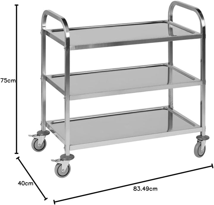 Servierwagen aus Edelstahl für die Küche, 3 Ebenen, 75 x 40 x 83,5 cm, Servierwagen, mit Griffen und