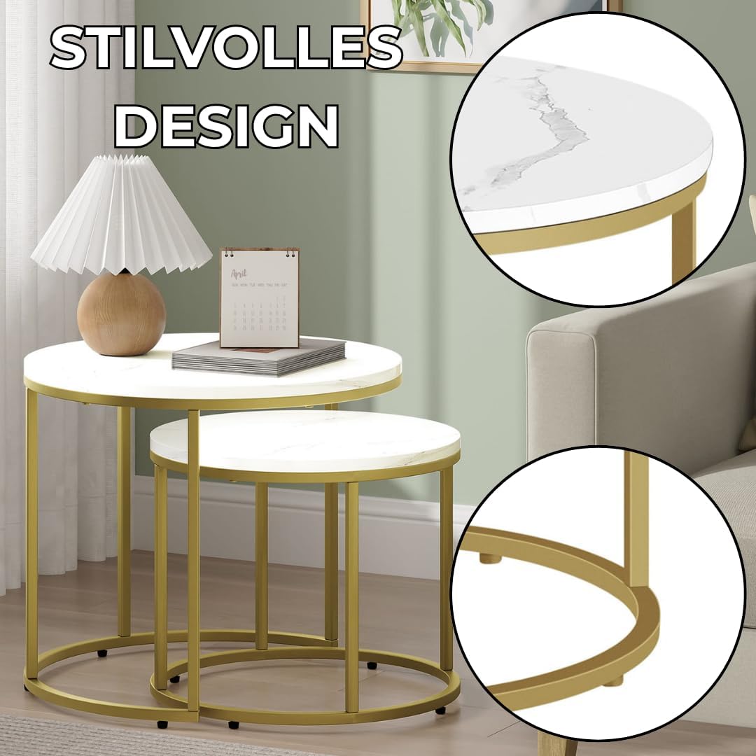FORTENA 2er Set Couchtische, Schwarze oder goldene Metallbeine, Industrial-Stil, Raund (Marmor – gol