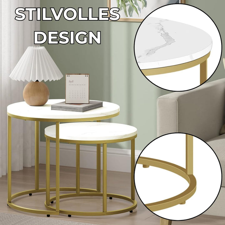 FORTENA 2er Set Couchtische, Schwarze oder goldene Metallbeine, Industrial-Stil, Raund (Marmor – gol