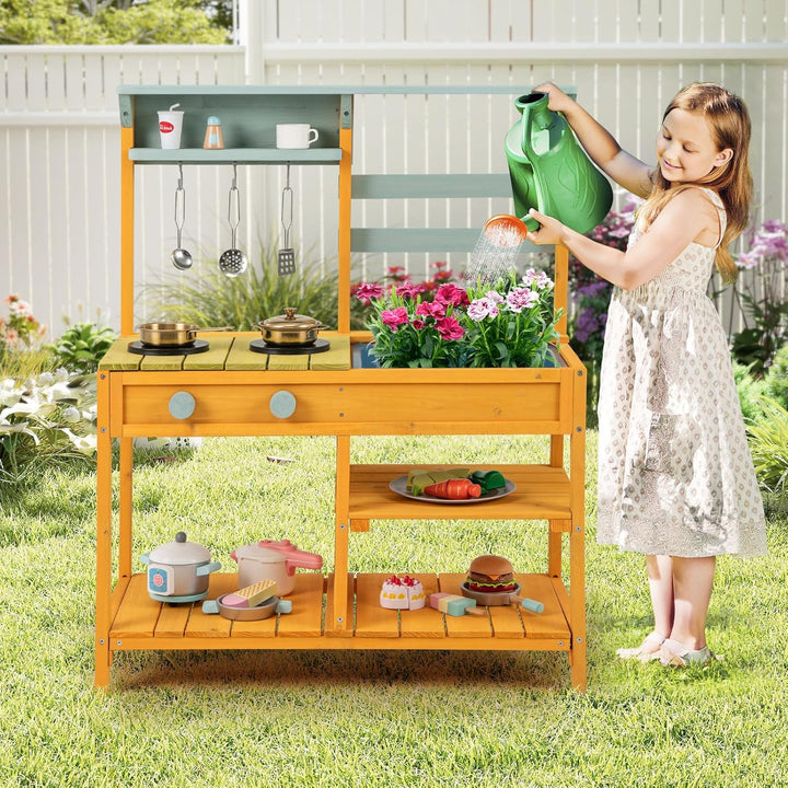 COSTWAY Matschküche Kinder Outdoor, Kinderküche Holz mit Spüle, Spielküche mit Haken & abnehmbarem R
