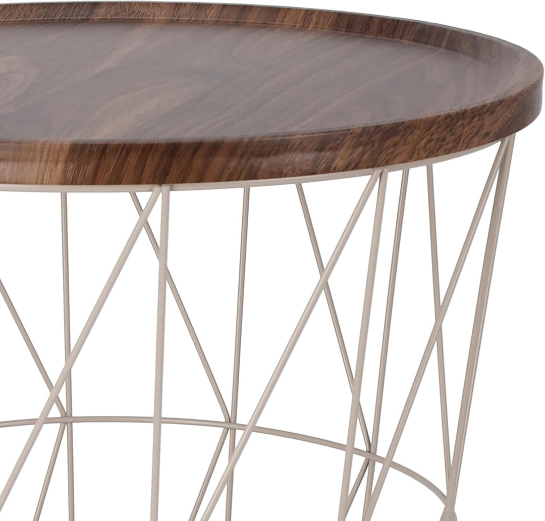 Spetebo Gitterkorb Beistelltisch aus Metall 39 cm - Creme - Korbtisch mit Holz Optik Tischplatte in