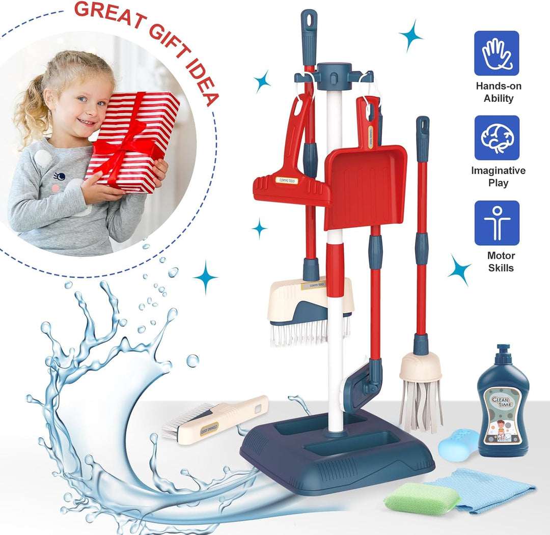 Jenilily Kinder Putzset, Besen mit langem Stiel, Kehrschaufel, Handfeger, Wischmopp Set mit Ständer