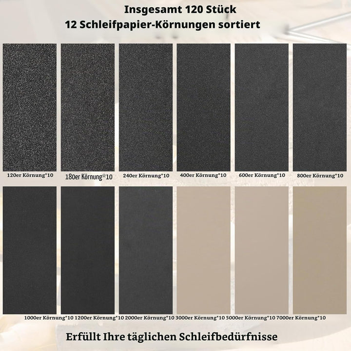 120 Stück Schleifpapier mit 90x30 mm Schleifklotz Set, Mini Schleifwerkzeuge, 120/180/240/400/600/80