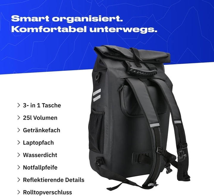 Alpensattel 3-in-1 Fahrradtasche 25 L – Gepäckträgertasche, Rucksack & Umhängetasche – wasserdicht,
