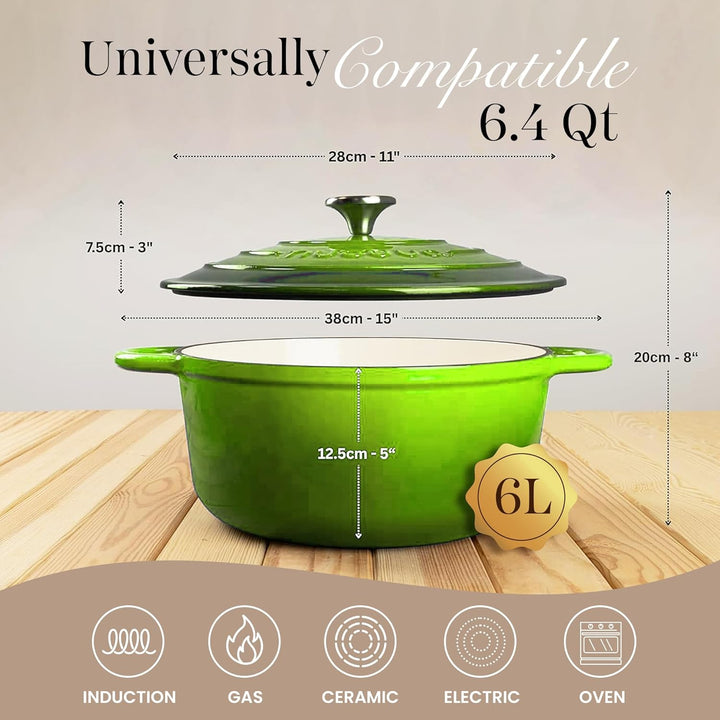 Gusseisen Dutch Oven mit Deckel – Emaille-Kochtopf mit Antihaft, Ofenfest – Grün, 6.1 Liter, 28 cm –