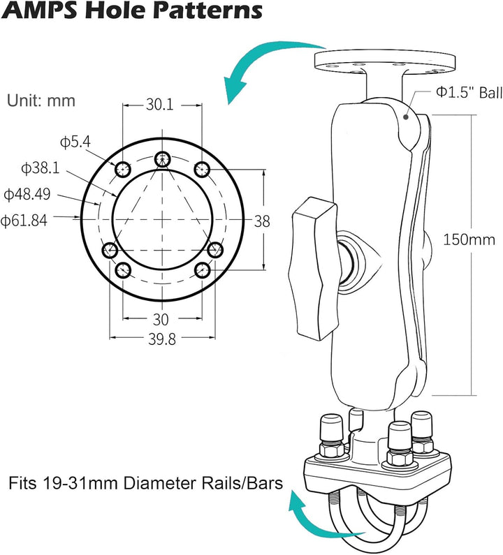 1,5 Zoll AMPS Halterung mit Doppel-U-Bolzen-Basis für 19-31mm Rohre/Reling, C-Grösse Halter aus Mari
