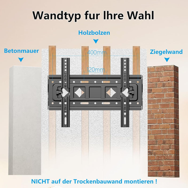 JXMTSPW TV Wandhalterung für 32-68 Zoll Flach&Curved Fernseher Monitoren bis zu 60kg, Max.VESA 400x4