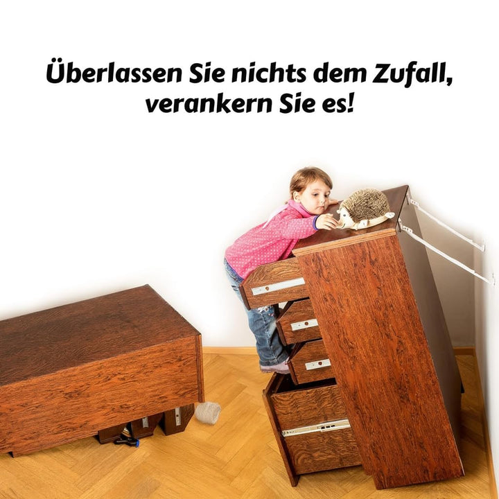 Verstellbare Anti-Kipp Möbelhaken Set. 8 Stk. Baby sicherheits-Wandgurte, von Boxiki Kids. Erdbeben