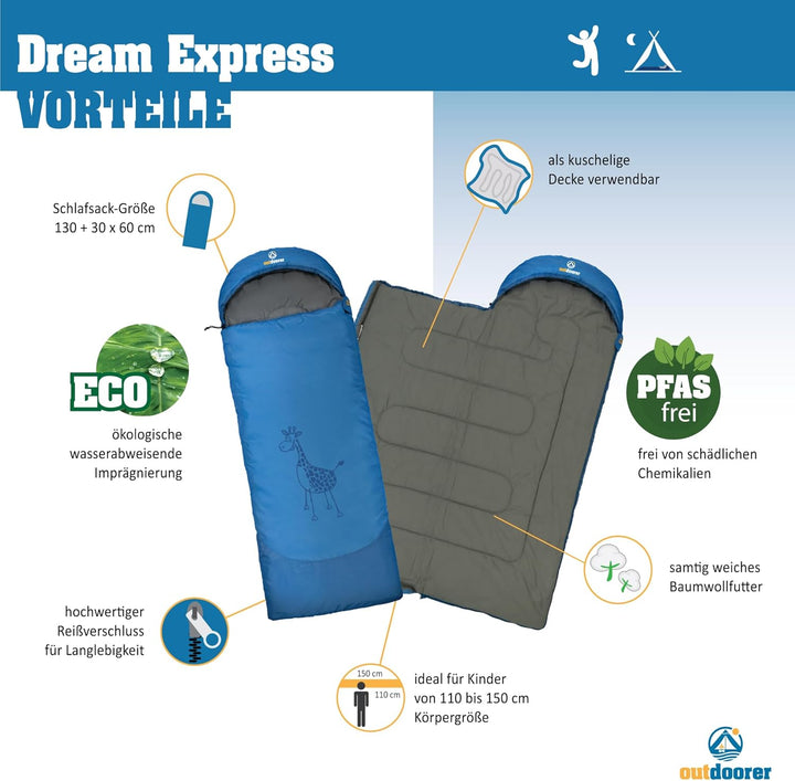 outdoorer Kinderschlafsack Dream Express - Deckenschlafsack für Kinder, mit Baumwolle gefüttert Blau