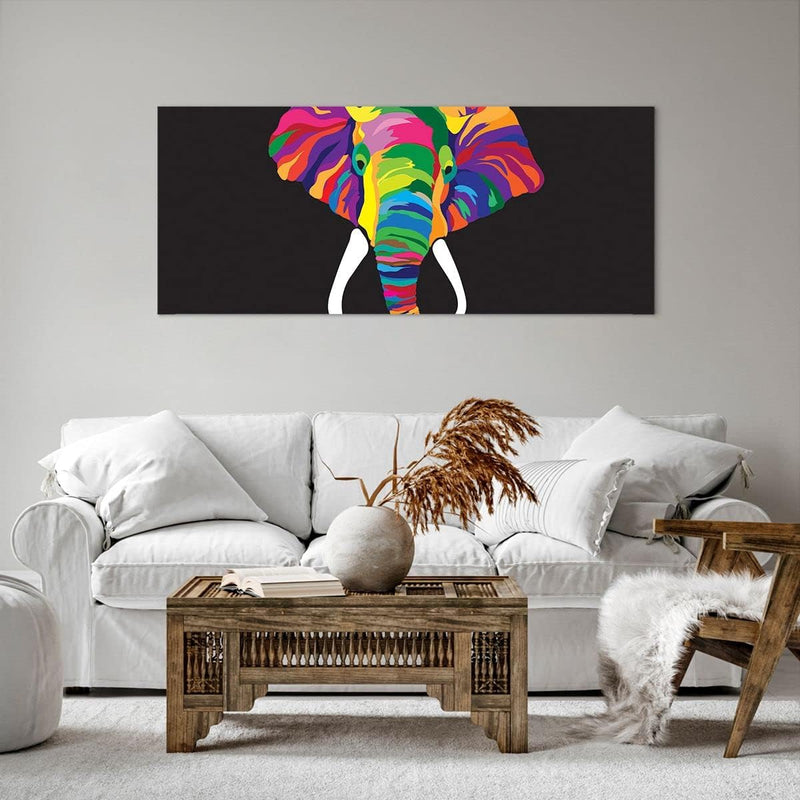 Wandbilder Dekoration Wohnzimmer Elefant spass bunt tier Panorama Bilder auf Leinwand 120x50cm Leinw