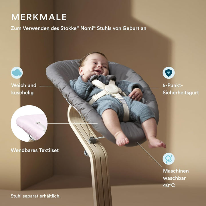 Stokke Nomi Newborn Set, White/Grey Pink - Mit 5-Punkt-Sicherheitsgurt und wendbarem, waschbarem Tex
