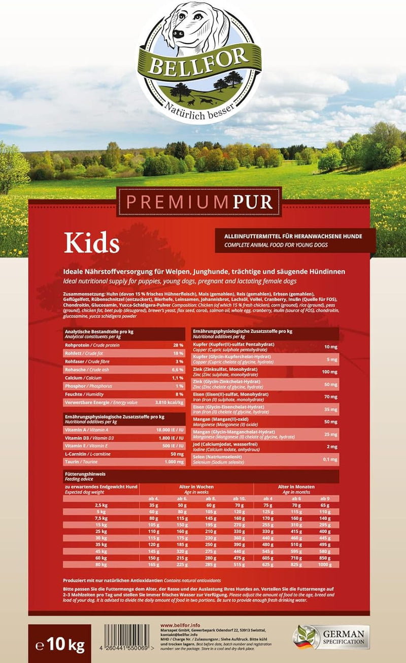 Bellfor Premium PUR Kids Glutenfrei Hundefutter für Welpen Ideale Nährstoffversorgung für Welpen, Ju