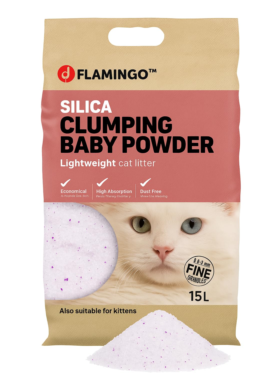 Flamingo Katzenstreu – Talkumduft für Babys – 15L für 18 Wochen – neutralisiert unangenehme Gerüche