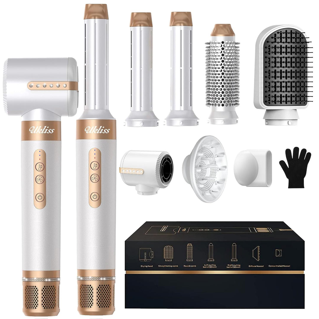 UKLISS Warmluftbürste Set 7 in 1, Haartrockner & Zubehör Airstyler mit 110000 U/Min Ionen Föhn, Auto