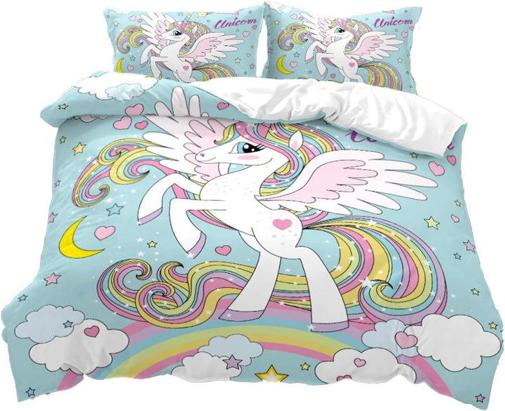 Rosa Einhorn Mädchen Bettwäsche Set,Cartoon Einhorn Muster Kinder Bettbezug Set,Regenbogen Wolken un