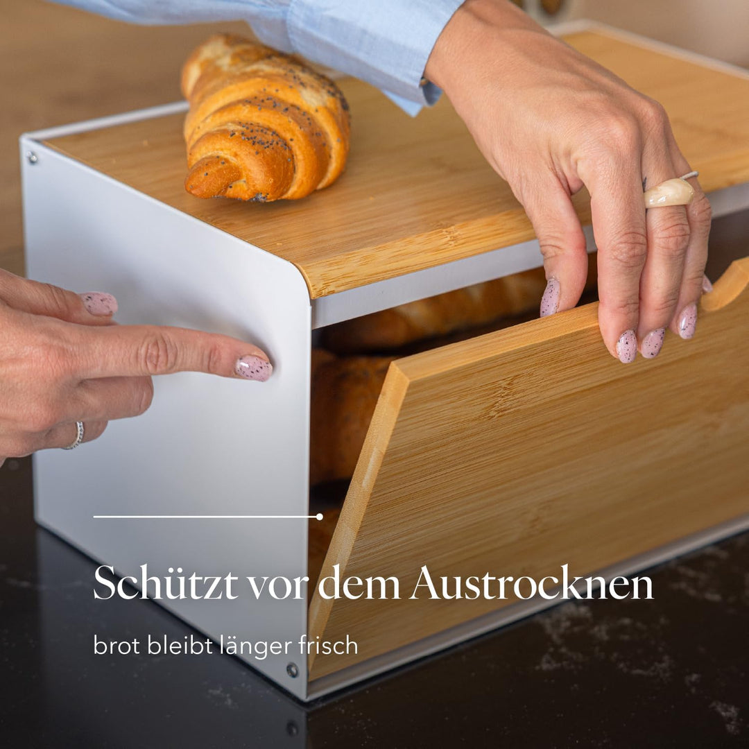 FLORINA Brotkasten BRUSTO 35,5 x 21,5 x 19,5 cm I Brotbox aus Stahl und Bambus-Deckel I Geräumiger u