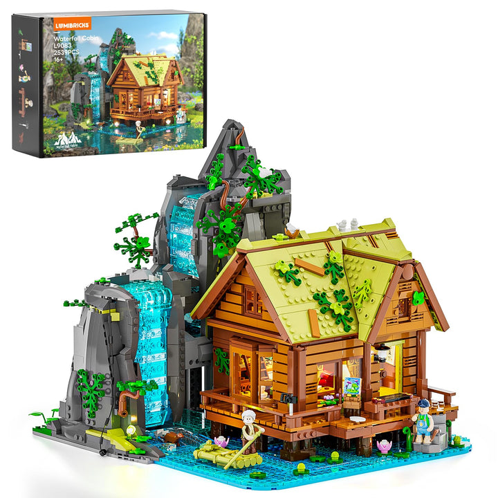 Lumibricks Waterfall Cabin Bauset mit Licht – 2539 Teile Retro Holzhaus mit beweglichem Wasserfall &