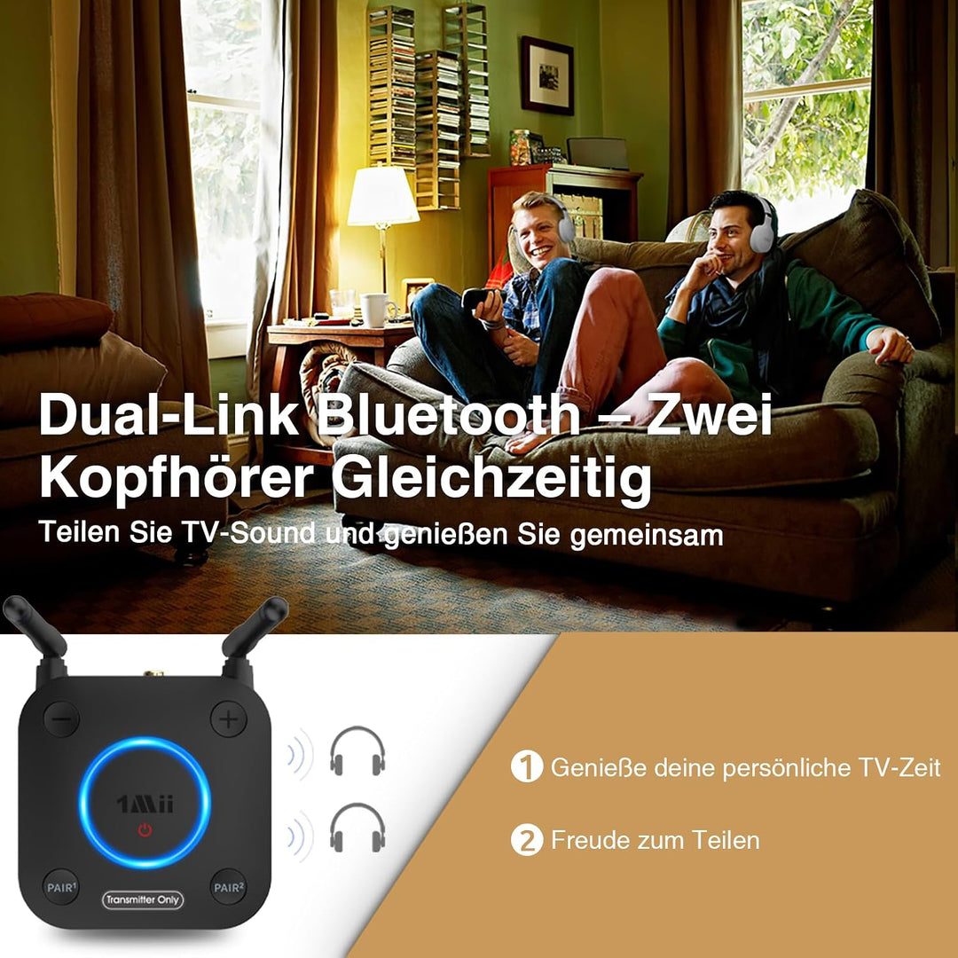 1Mii B06TX Bluetooth 5.3 Sender für TV, Bluetooth Transmitter mit aptX HD &amp; Low Latency, 2 Kopfhörer