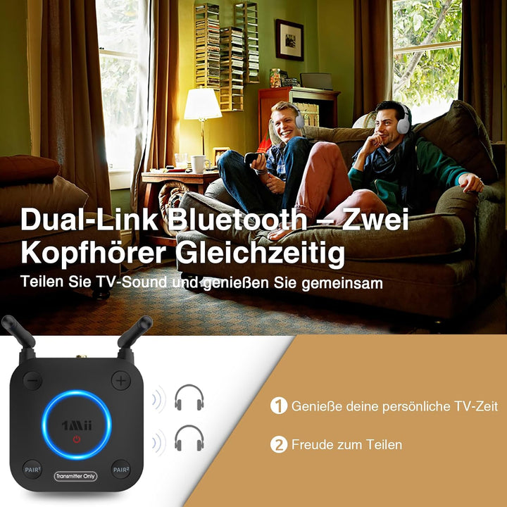 1Mii B06TX Bluetooth 5.3 Sender für TV, Bluetooth Transmitter mit aptX HD &amp; Low Latency, 2 Kopfhörer