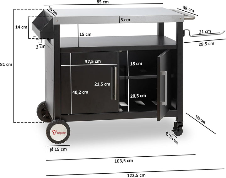 BBQ-Toro Grillwagen 103,5 x 59 x 81 cm | Silber/Schwarz | Grilltisch mit grosser Arbeitsfläche | Gri