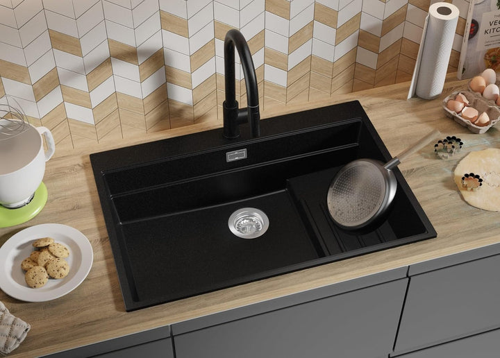 Spülbecken Schwarz 78x53 cm, Granitspüle 1 Becken + Ablauf-Set + Küchenarmatur, Küchenspüle ab 80er